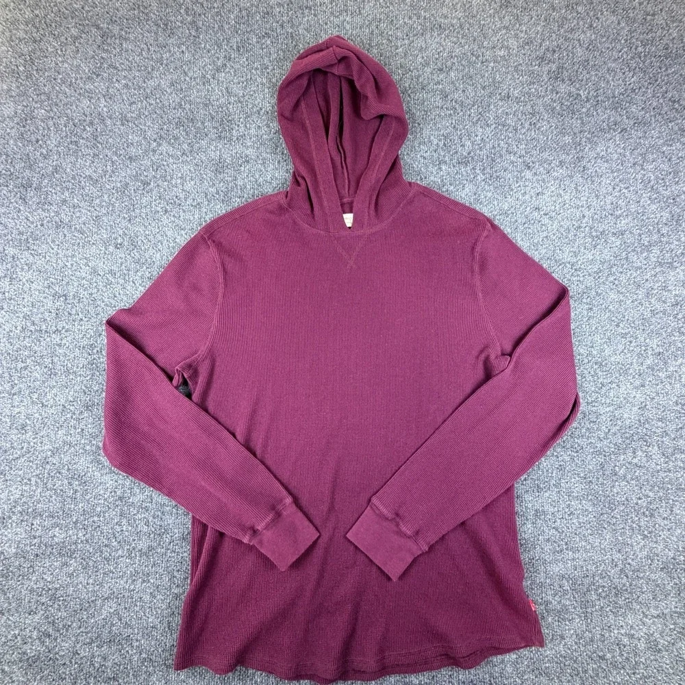 Levi's Thermal Hoodie Men Large Burgundy Waffle Knit Cotton Pullover Relaxed Fit